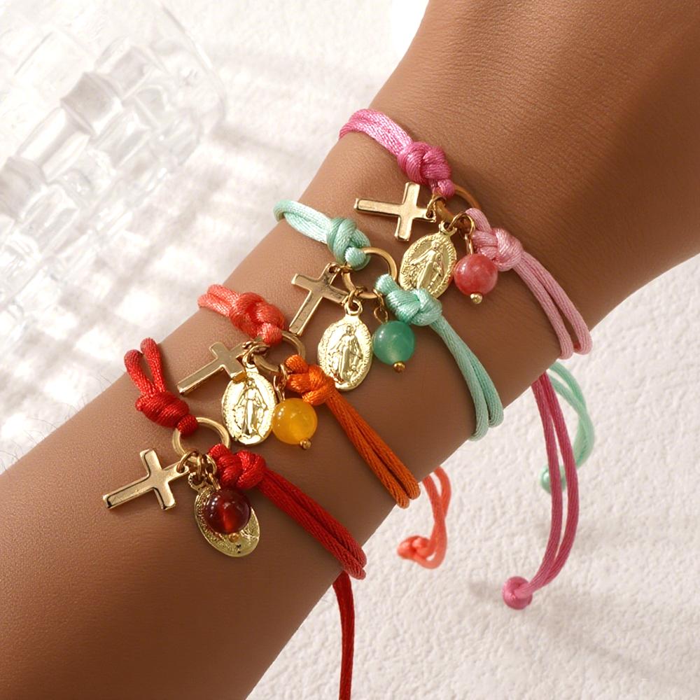 1PC Colorful Rope String Bracelet Virgin Mary Cross Charm Bead Jewelry Adjustable Religious Women's Fashion for Friendship Gift