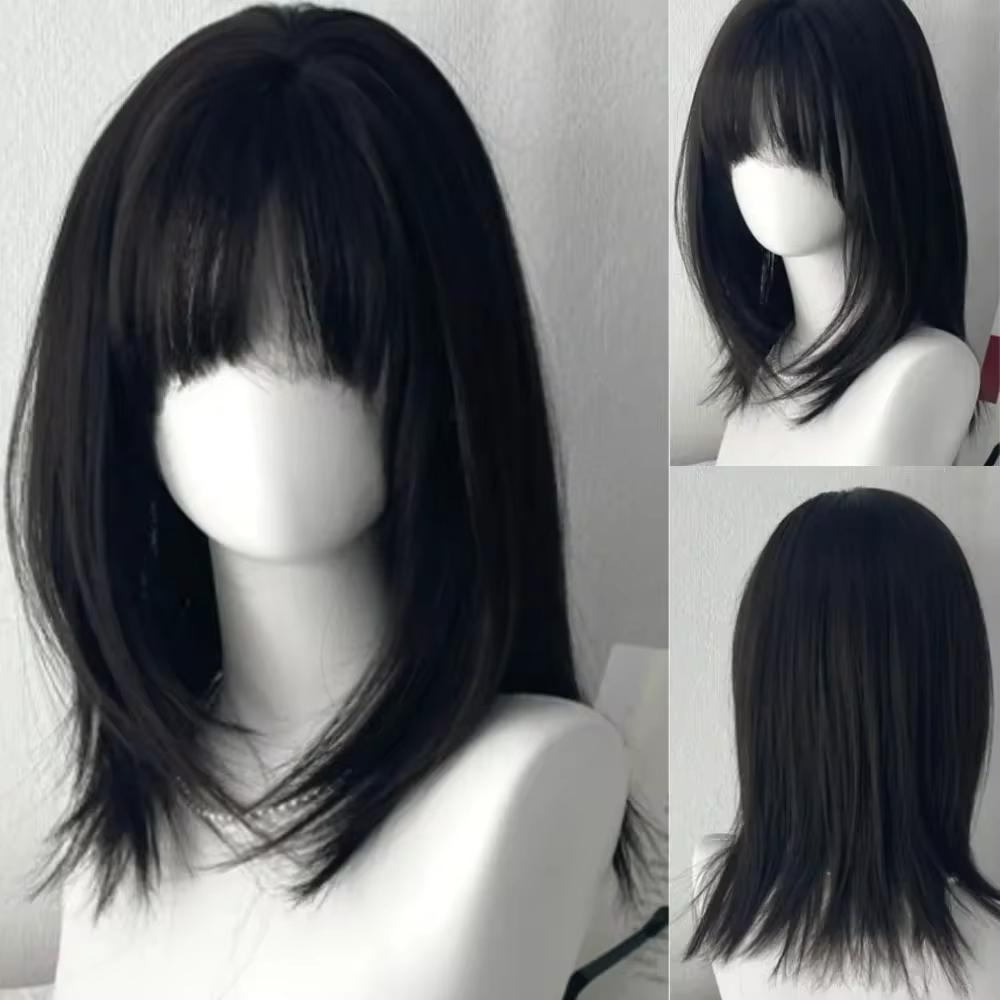 Y2K Perücke für Damen Schwarz Mittel-lang Glattes Haar Natürliche Simulation Tägliche Perücke mit Pony Kurzes Haar Bob Perücke