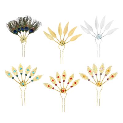 Alloy Peacocks Leaf Hair Stick Hairpieces with Rhinestones Thai Ethnic Hair Ornament Daily Hairstyle Embellishment