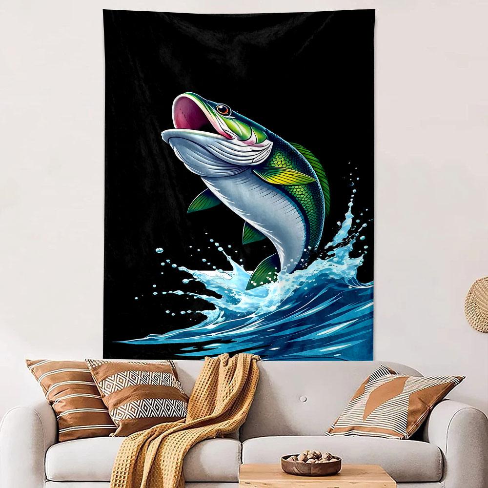 Jumping Fish Splashing Water Design Patterned Tapestry Decorative Wall Hanging, Home Bedroom Living Room Decor
