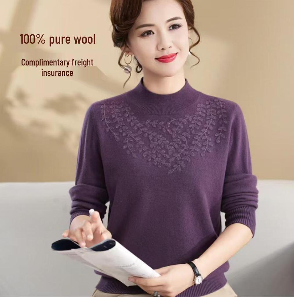 Mom's Embroidered Wool Sweater - Half-High Collar, Solid Color, Plus Size, Middle-Aged Women's Winter Knitwear