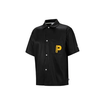 Letter Print Single-Breasted Square Neck Short Sleeve Shirt Unisex Shirts Black 539660-01