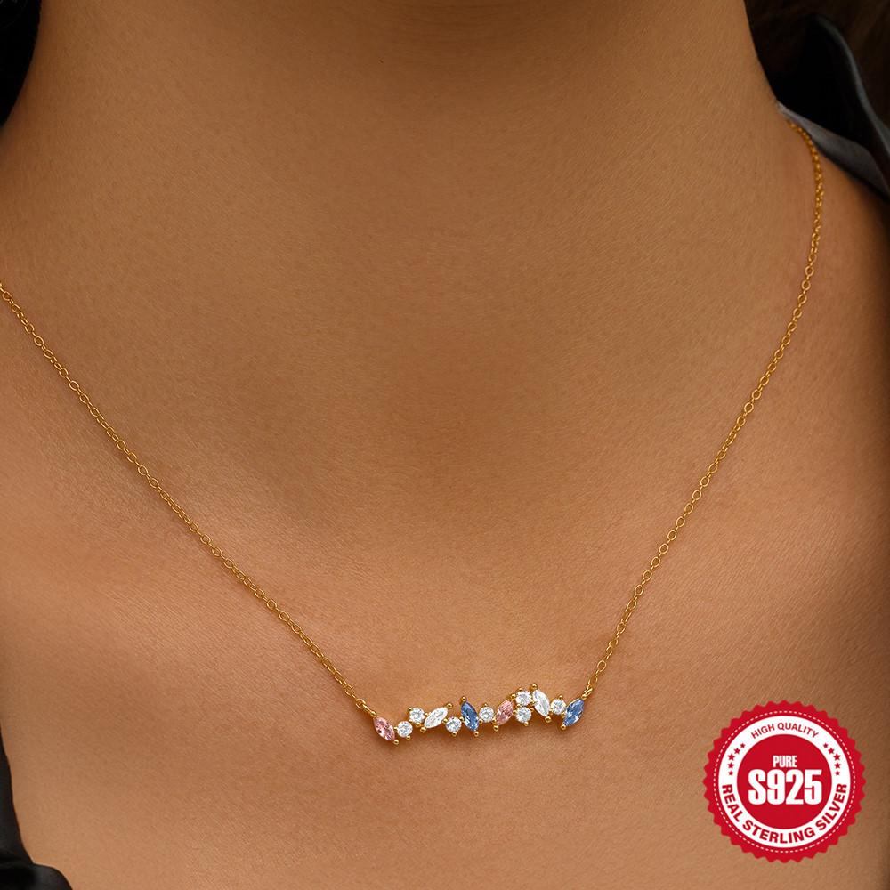 Élégant Et Simple Argent Sterling S925 Œil de Cheval Incrusté de Diamants Colorés Port Superposé Quotidien Assorti Collier Clavicule pour Femmes