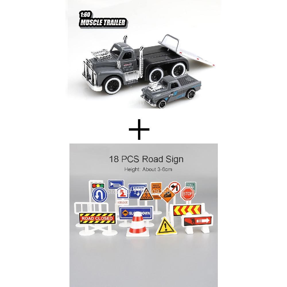Scale 1:60 American Muscle Trailer Model Toy Car Sound Light Alloy Diecast Pull Back Flatcar Models Birthday Gifts for Kids