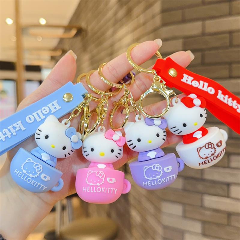 Cute Cartoon Hello Kitty Keychain Teacup Key Chain Women Girl Schoolbag Shoulder Bag Car Keyring Kid Kawaii Gift Festival gifts