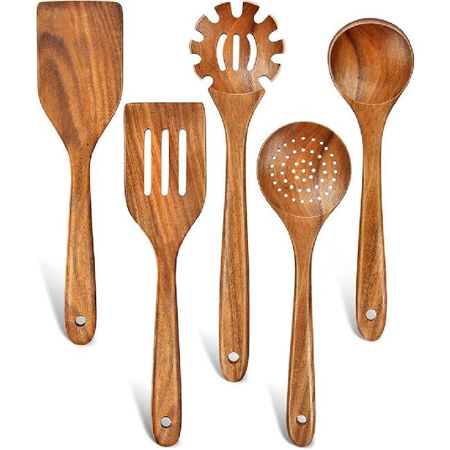 Wooden Utensils for Cooking, 5 Pcs Natural Teak Wooden Kitchen Utensil Set Wooden Spoons for Cooking Wooden Cooking