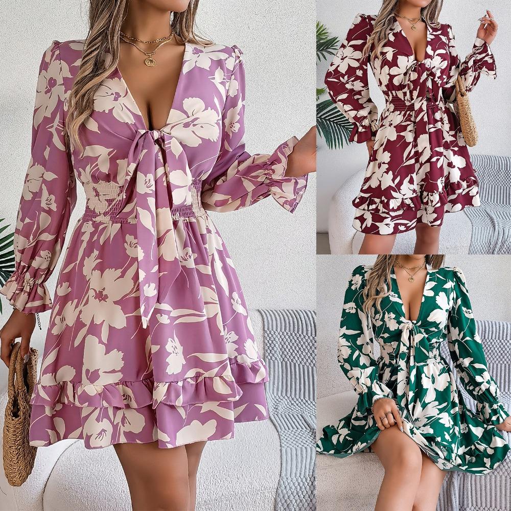 Women's Casual Floral Long Sleeve Wooden Earring A-line Dress Sexy Women's Floral Dresses