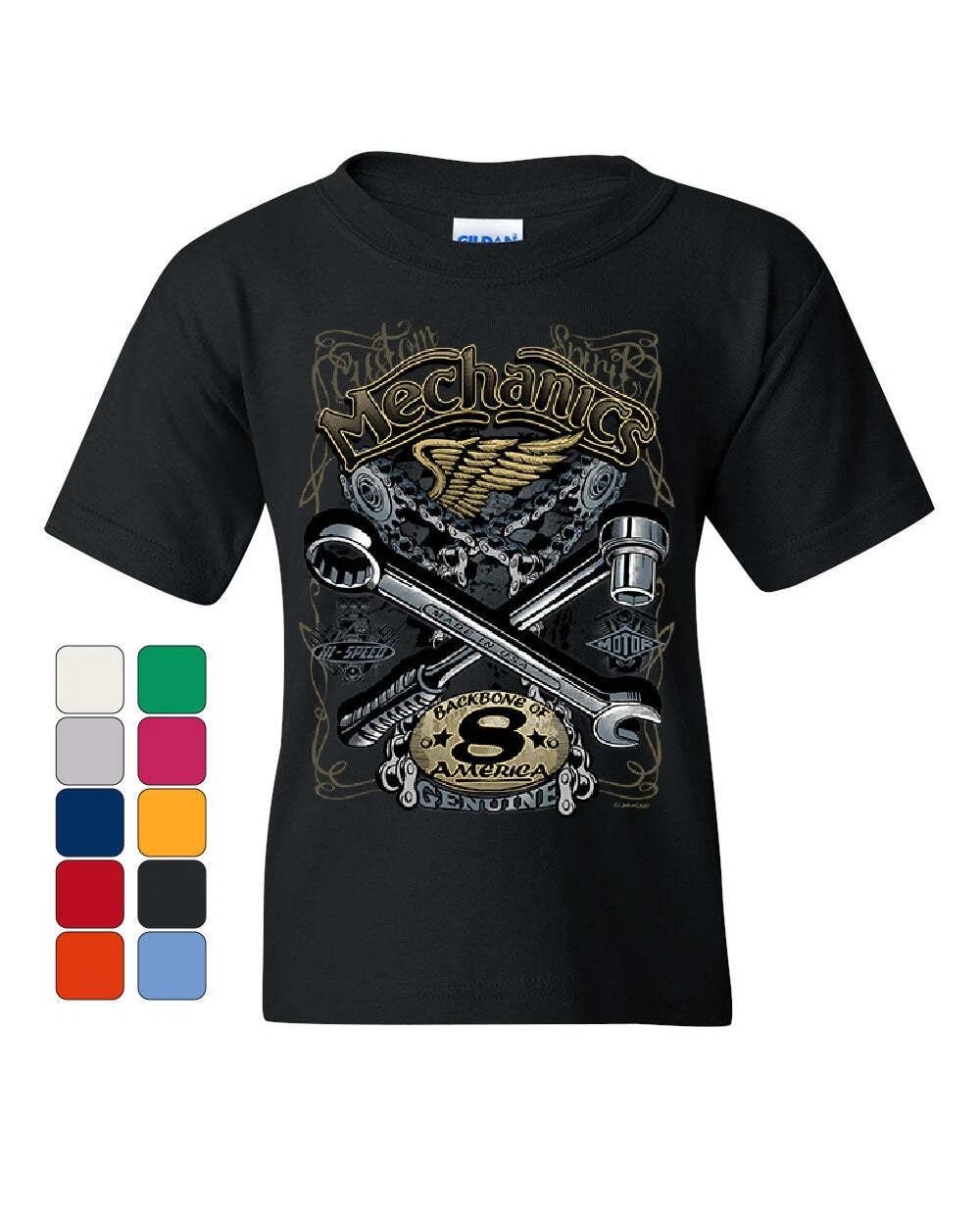 Mechanics Backbone of America Youth kids boys T-Shirt Engine Repair Blue Collar Kids Tee 130