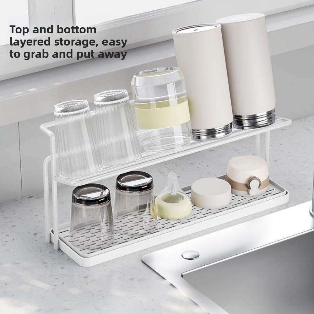 Sink Storage Rack 2Layer Cup Storage Rack Carbon Steel Cup Storage Tray Drain Cup Rack  Home