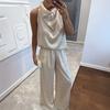 Women 2 Piece Satin Outfits Halter Neck Sleeveless Top And Wide Leg Pants Set Casual Vocation Lounge Set