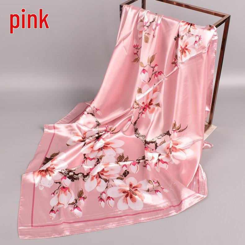 

Японский и корейский шелковый платок с принтом «Цветы персика», большой квадратный 90cm x 90cm розовый