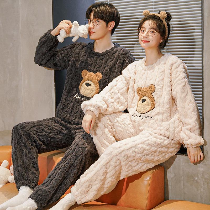 Couples' Cozy Flannel Pajama Set: Women's Plus Velvet, Men's Loose Fit, Warm Coral Fleece Homewear