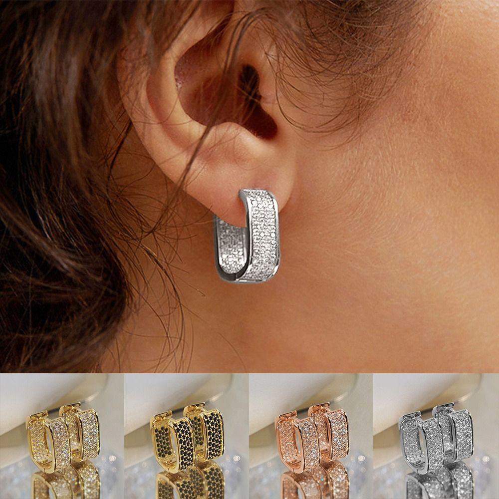 Elegant Geometric Square Earrings Luxury Full-Paved Zinc Alloy Ear Hoops for Women