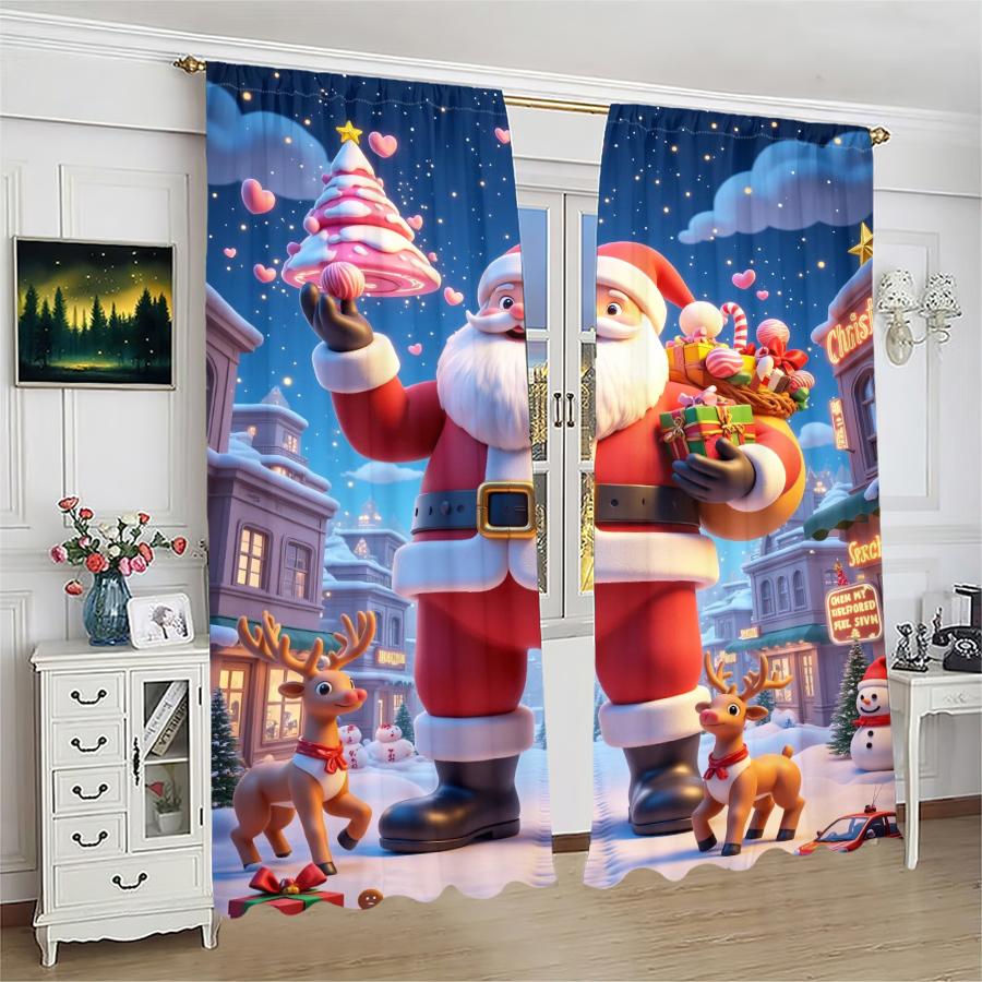 Set Of 2 Christmas Santa Claus Tree Pattern Printed Curtains Decorations Home Room Made Polyester Modern
