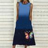 Women Loose Sleeveless Round Neck Dress Elegant Watercolor Floral Branches Calf Length Gown
