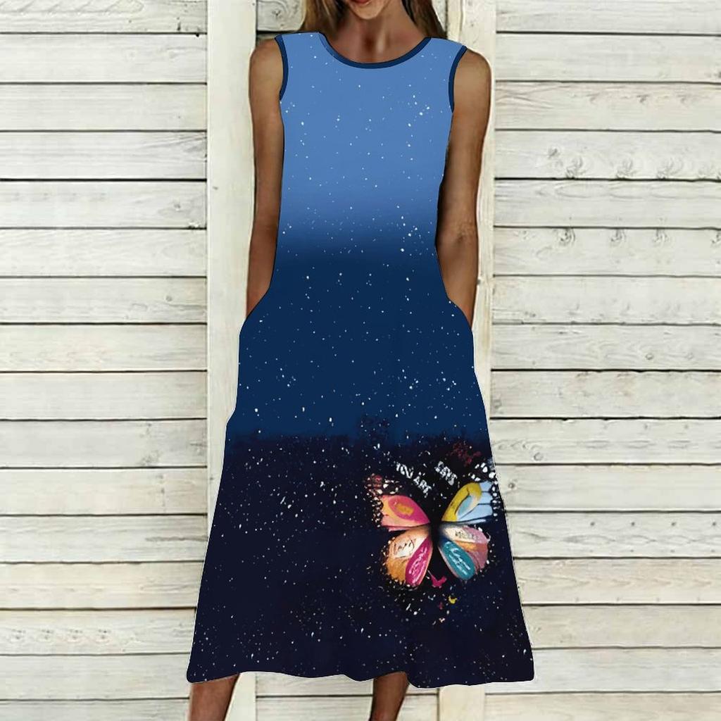 Women Loose Sleeveless Round Neck Dress Elegant Watercolor Floral Branches Calf Length Gown