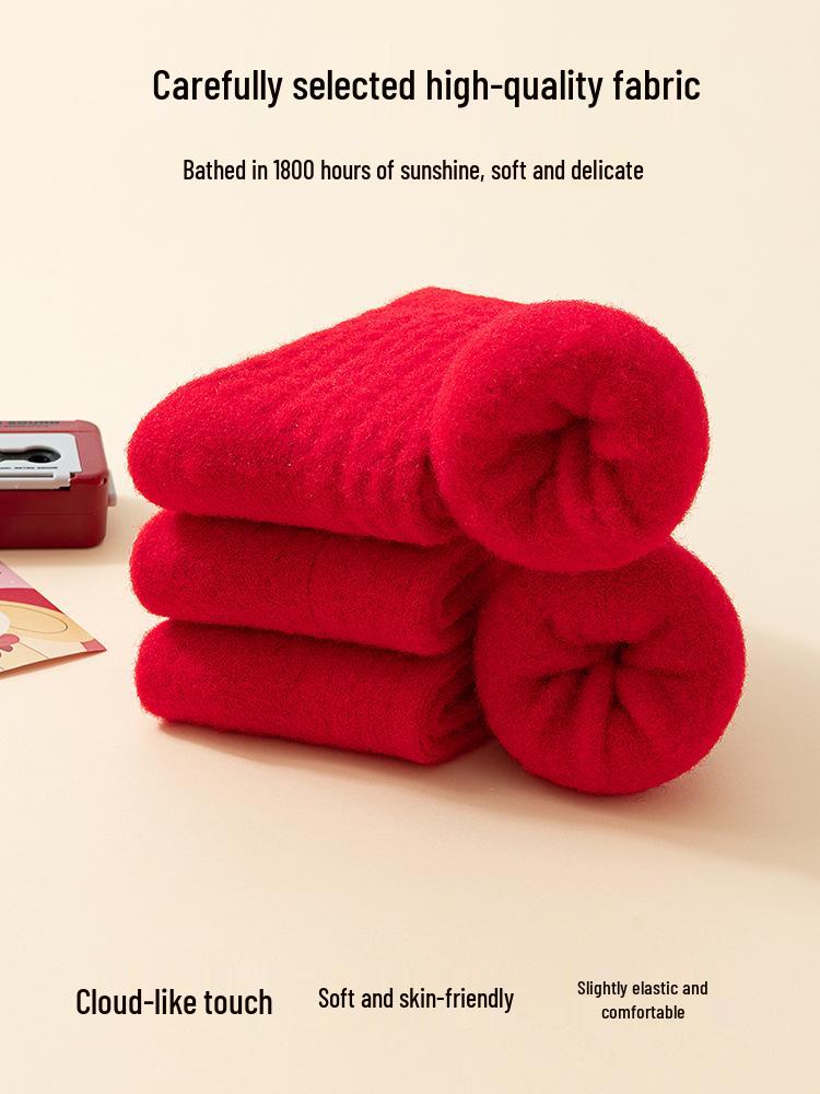 25 Plush Autumn-Winter Newborn Baby Socks, Warm Red for Full Moon & First Year