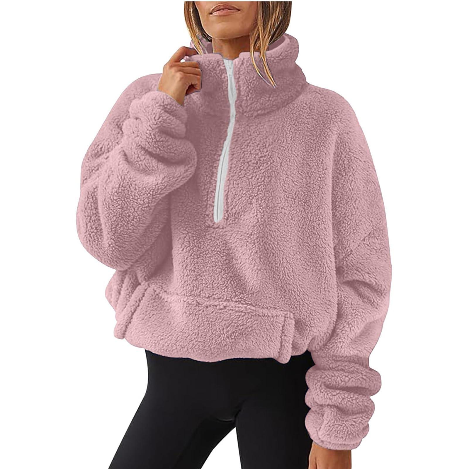 

Women s Fashion Solid-Color Fleece-Lined Stand-Up Collar Long-Sleeve Hoodie Casual Top M