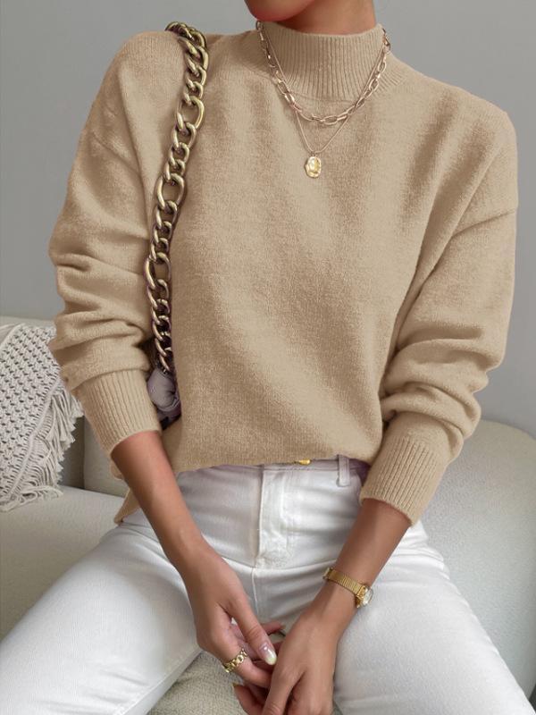 Women's Light Beige Ribbed High Neck Long Sleeve Knit Sweater