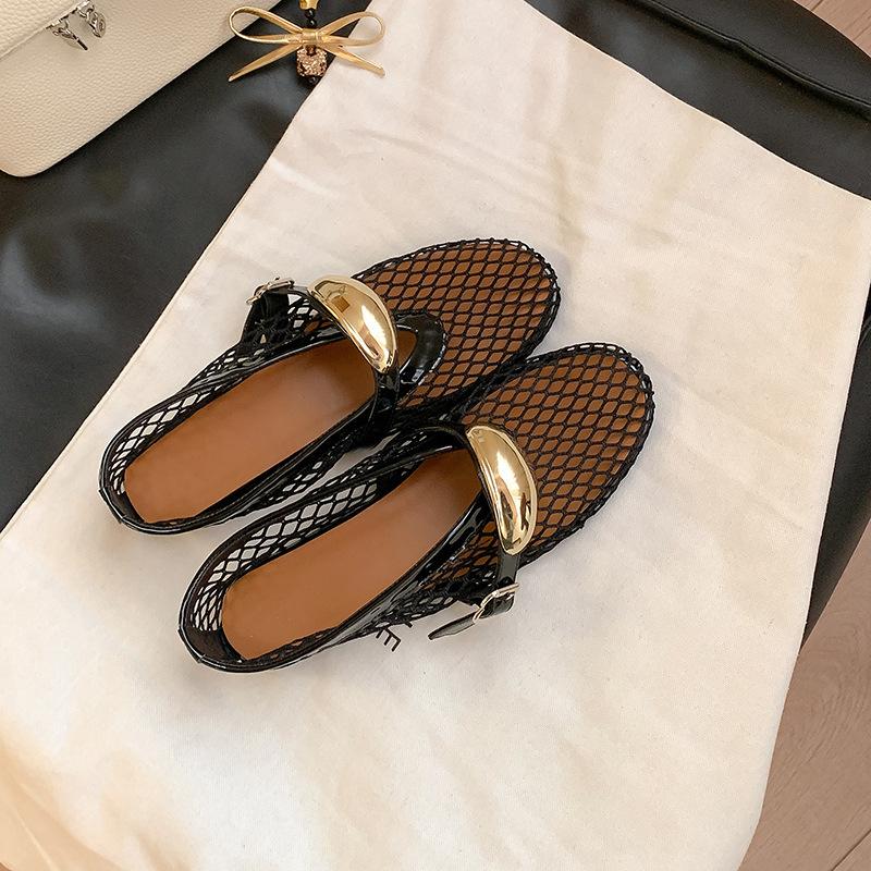 Sheepskin version~ Small gold buckle leather soft-soled mesh sandals women's summer breathable hollow sandals Mary Jane single shoes