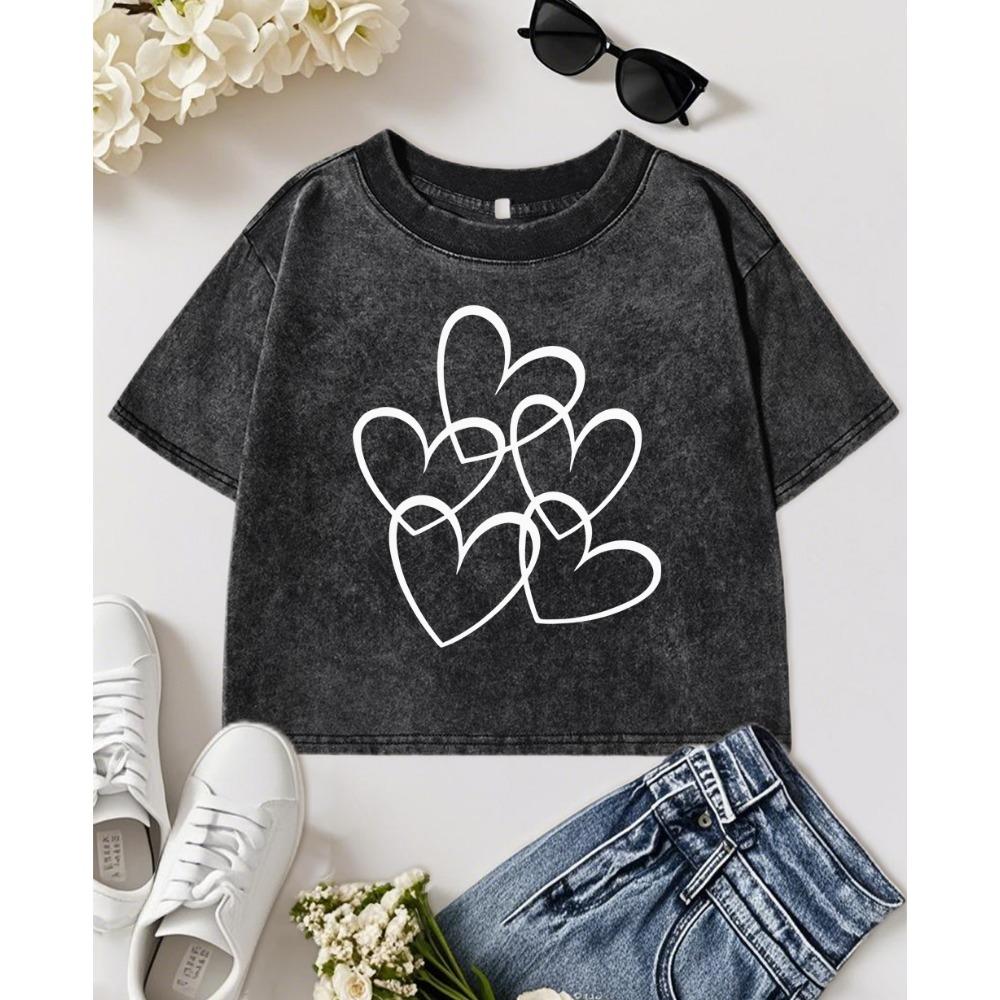 Simple Heart Print Washed Tee Shirt Women Fitness Summer Tops Casual Short Sleeve Cotton Comfortable Woman T-Shirts