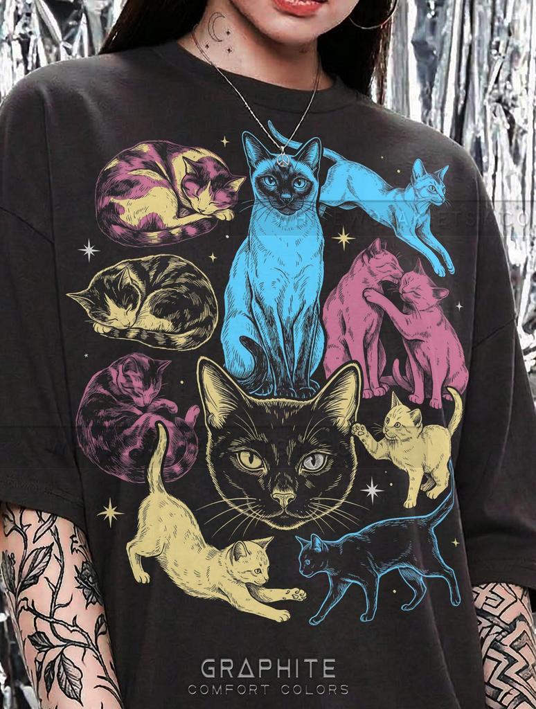 Cats Kittens Feline Animal Lover Cat Mom Comfort Colors® Tshirt, 90s Neon Pet Art Vintage Retro Bootleg Y2K Streetwear Tee