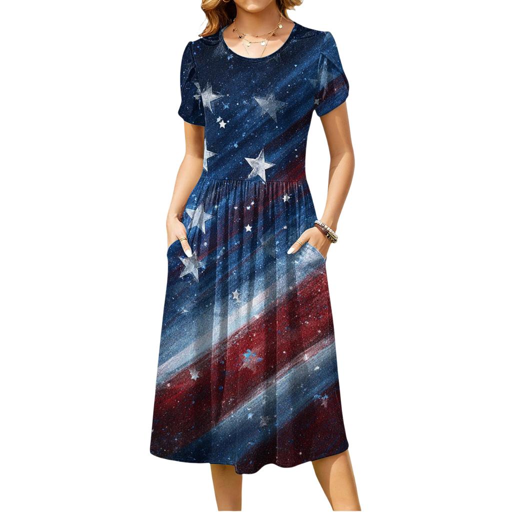Women's Fashion Casual Loose Independence Day Printed Round Neck Pocket Short Sleeve Dress
