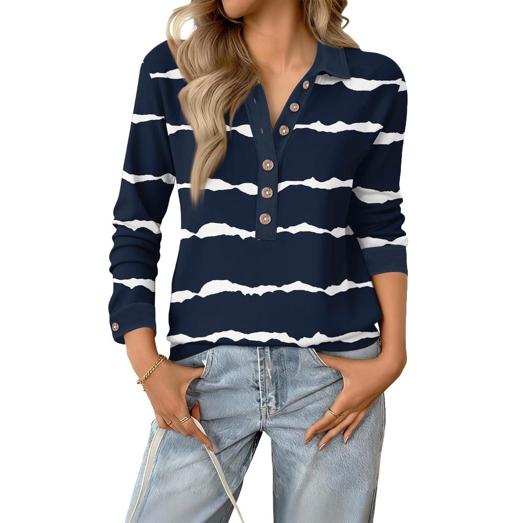 Women's Retro Street Lazy V,neck Long Sleeve Button Striped Pullover Top