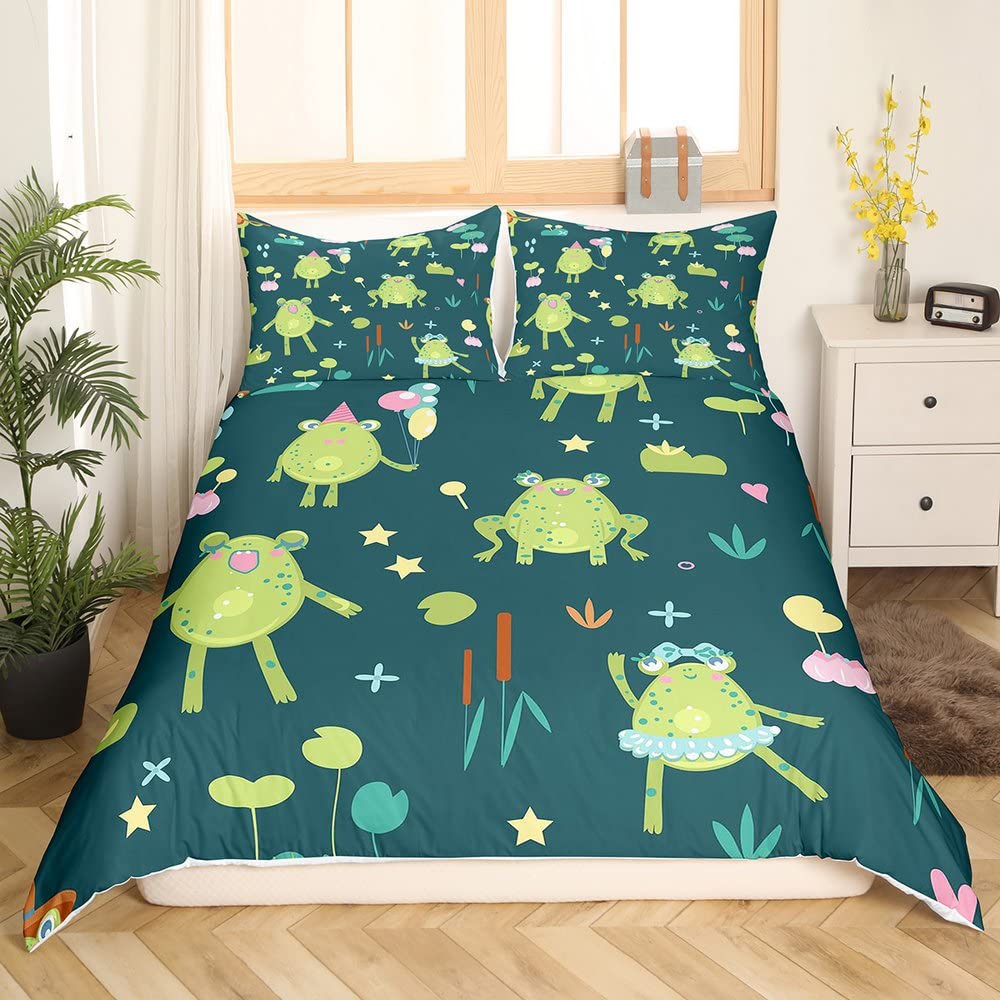 Frog Duvet Cover Cartoon Frog Bedding Set Full Size Cover Set for Women Teens Boys Kids Girls Gift Bedroom Decoration Queen Size