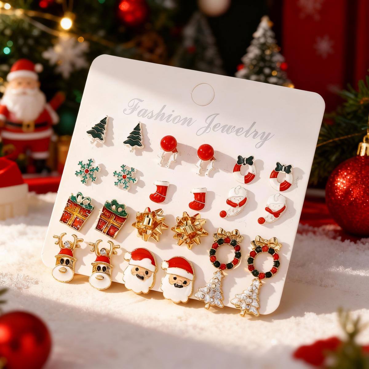 12Pairs/Set Christmas Santa Claus Snowflake Tree Wreath Gift Box Deer Bow Stud Earring Set For Women Men Holiday Jewelry Gifts