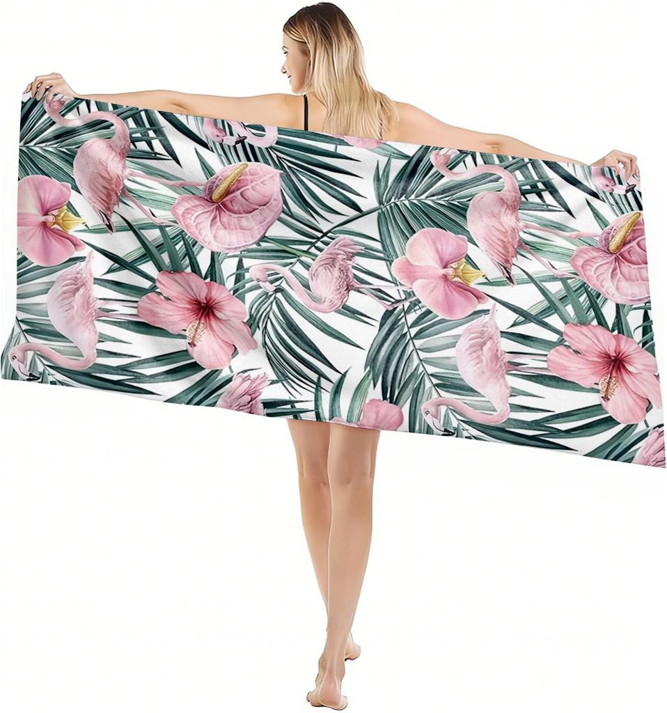 1 Stück Handtuch Tropischer Stil Flamingo Blatt Muster für Geschenke Schnelltrocknendes Strandhandtuch Für Yoga Tourismus Strand GYM Camping Schwimmen