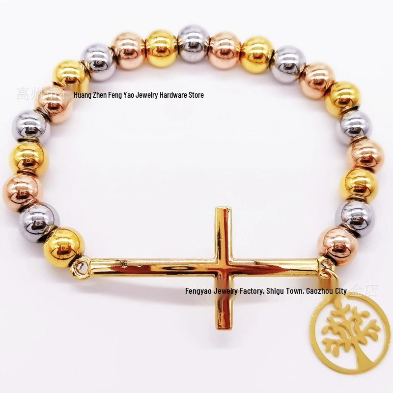8mm Random Three-Color Bead Stainless Steel Handcrafted Cross Bracelet