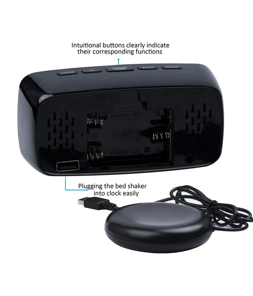 Despertador Vibratório Super Alto com Agitador de Cama Multifuncional USB Duplo para Dorminhoco Pesado Surdo Deficiente Auditivo Soneca