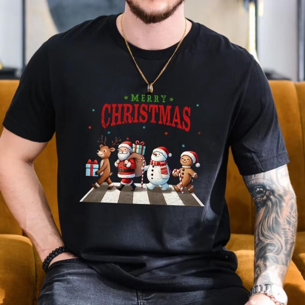 Santa Claus and Reindeer Road Merry Christmas Mens T-shirt Funny Tops Summer T-shirt for Men Casual O-Neck Tee Shirts Streetwear