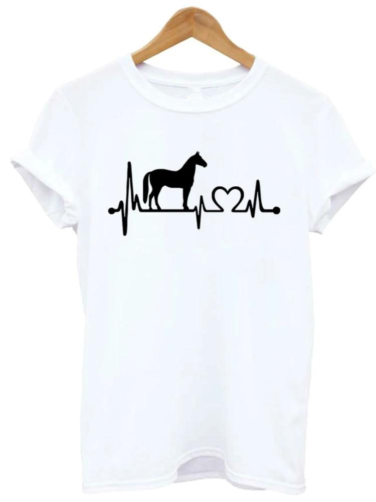 Horse Heartbeat Line Print T Shirt Women Short Sleeve O Neck Loose Women Tshirt Ladies Summer Fashion Tee Shirt Tops Clothes