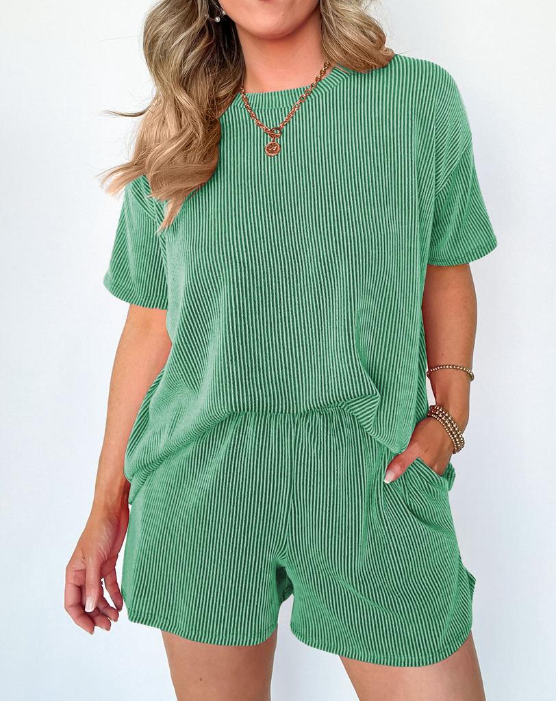 Women Casual Two Piece Set Short Sleeve Round Neck Top Elastic Waist Shorts