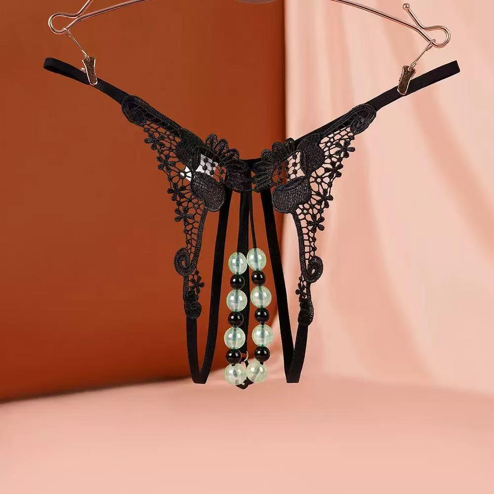 Jade Clam Luminous Pearl Massage Thong - XL Seductive Open Crotch Double Row Panties
