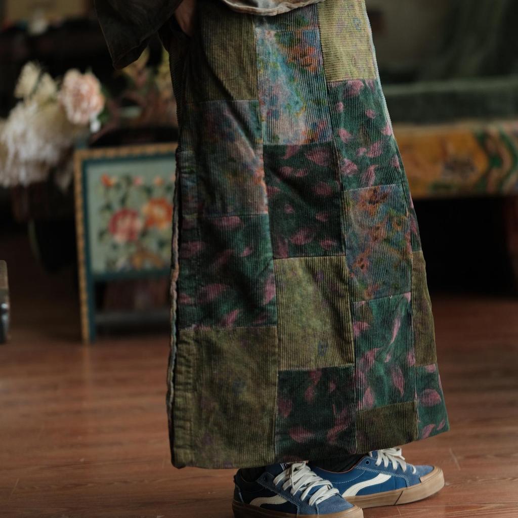 Luo Gu Ni Retro Artistic Corduroy Patchwork Skirt - Green