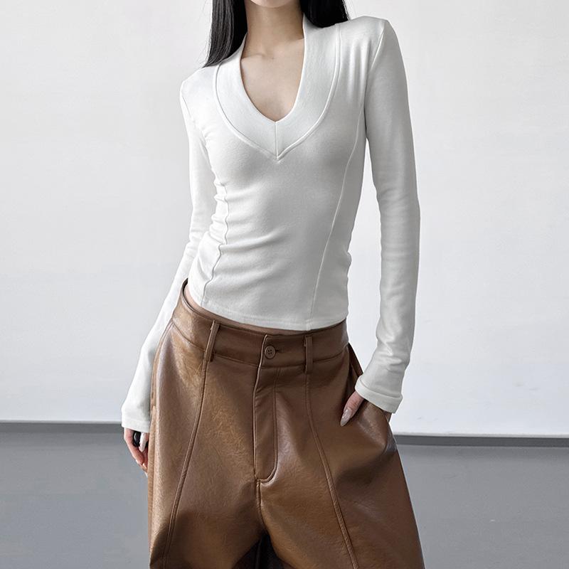 

2025 Winter Women s Slim-Fit V-Neck Long Sleeve White Base Shirt Extra Large білий