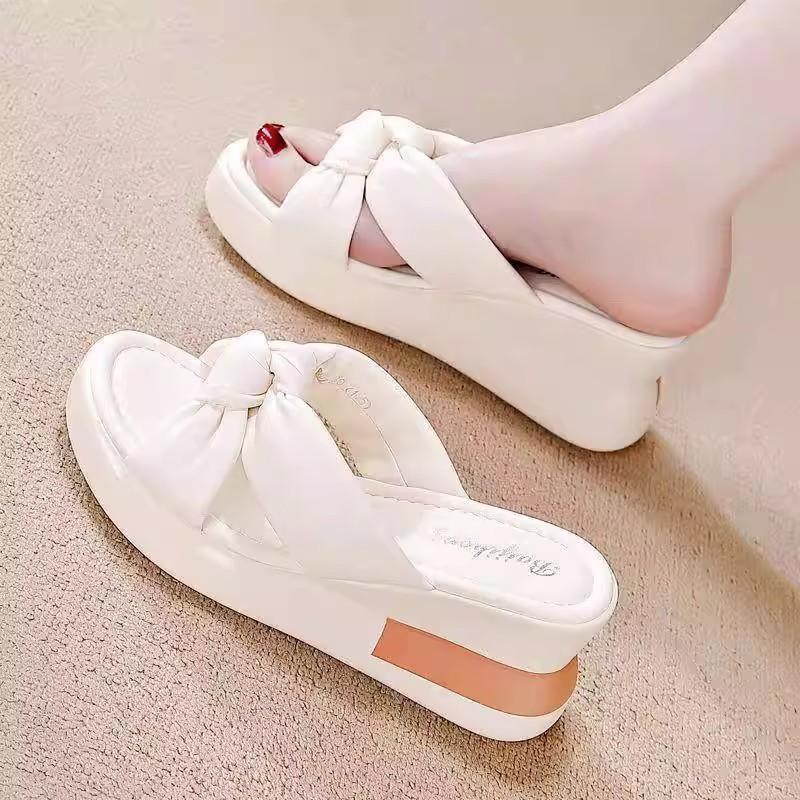 Summer fashion outer wear women's slippers high heel new soft leather bow wedge heel women's fashion cool slippers