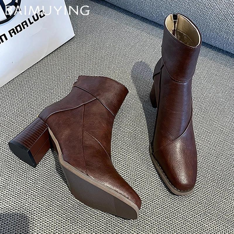 Winter Leather Women Ankle Boots High Heels Sexy Shoes Pointed Toe Chunky Chelsea Boots Trend Winter New Goth Botas Mujer