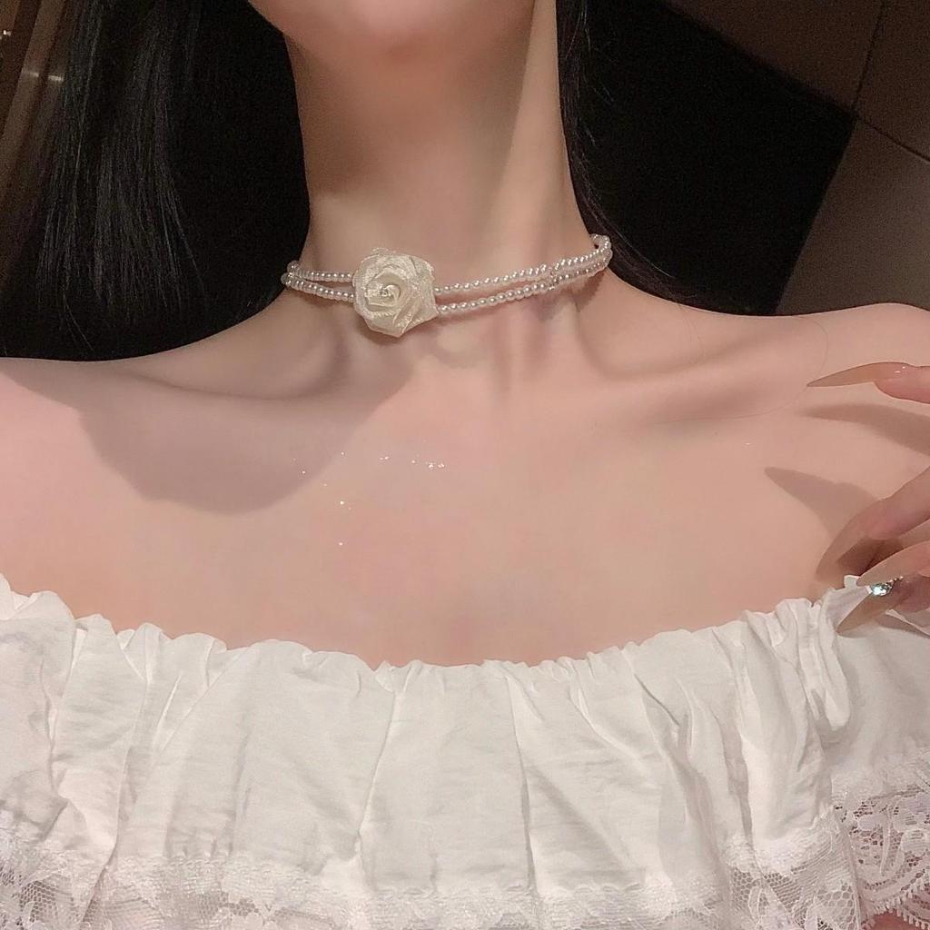 Elegant Fairy Rose Pearl Mesh Necklace for Women: Versatile Clavicle Chain with High-End Feel