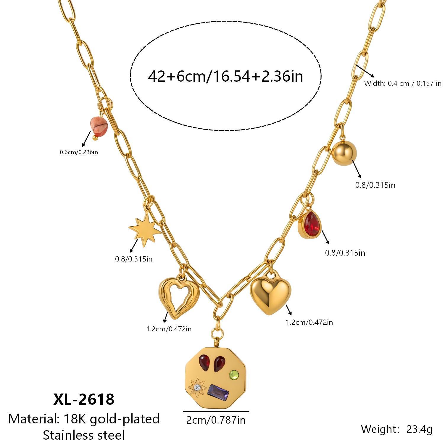 European-American Multi-Pendant Geometric Heart Necklace with Rhinestones, Stainless Steel, High-End Jewelry 18K