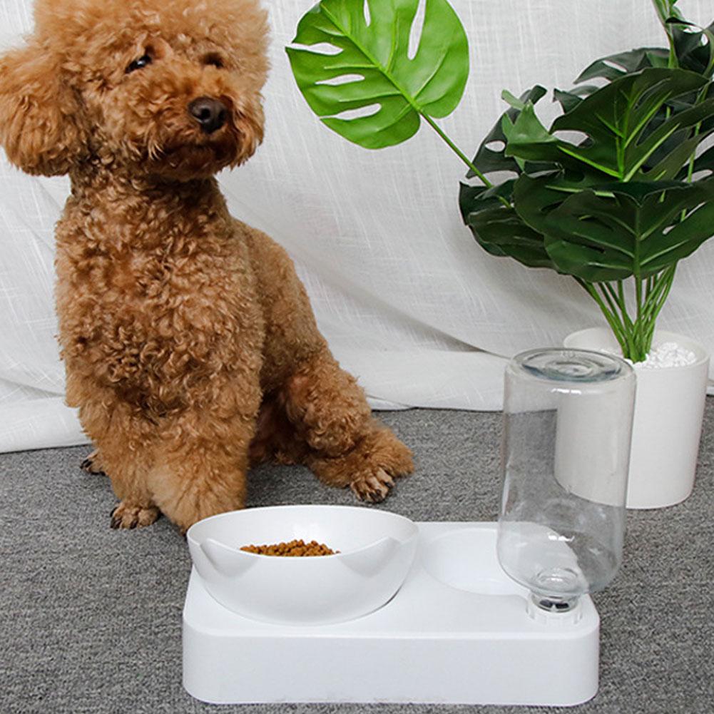 Pet Double Food Feeder Water Drinking Bottle 15 degrees  Adjustable Tilted Neck Protection Cat Dog Feeding BowlL