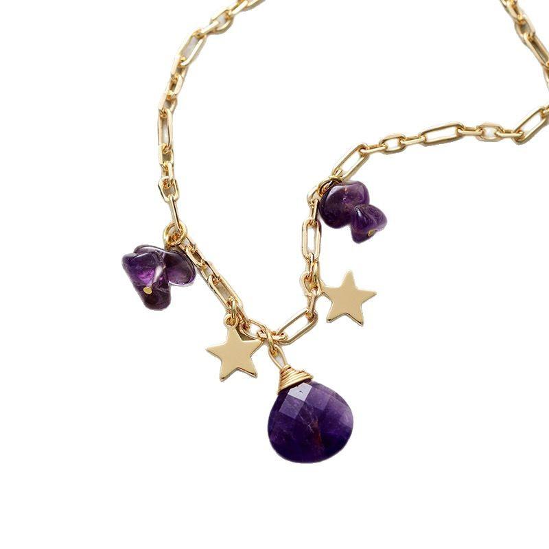 French Fashion Lazy Simple Natural Stone Handmade Water Drop Pendant Gold-Plated Chain Short Collarbone Necklace Gift Jewelry