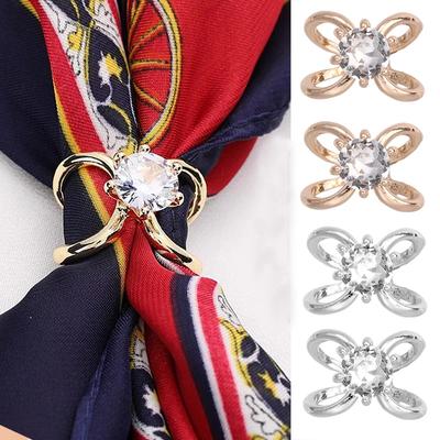 Fashion Rhinestone Scarf Buckles for Women Shiny Crystal Cross Ribbon Silk Scarf Flower Brooch Buckle Ring Clip Jewelry Gift
