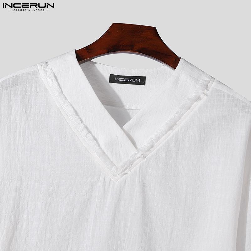 INCERUN Vintage męskie koszule z dekoltem w kształcie litery V, rękawami w kształcie skrzydła nietoperza, ponadgabarytowymi, nieregularnymi, workowatymi bluzkami