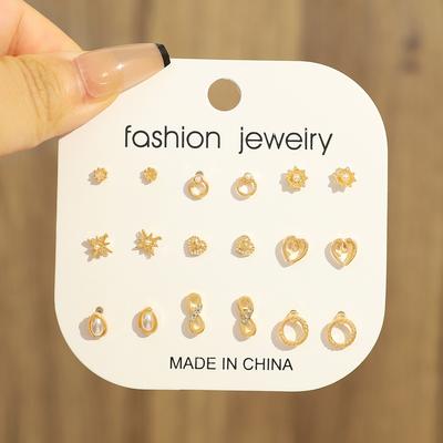 2025 Simple Small Stud Earrings Set of 9 Pieces, Gold Pearl Alloy Rhinestone Mango Ring Earrings Wholesale
