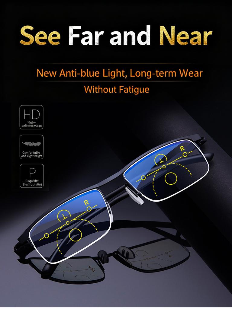 Progressive Multifocal Reading Glasses Blue Light Blocking Half Frame Bifocal +1.00 to +4.00 for Men Women Presbyopia Eyeglasses