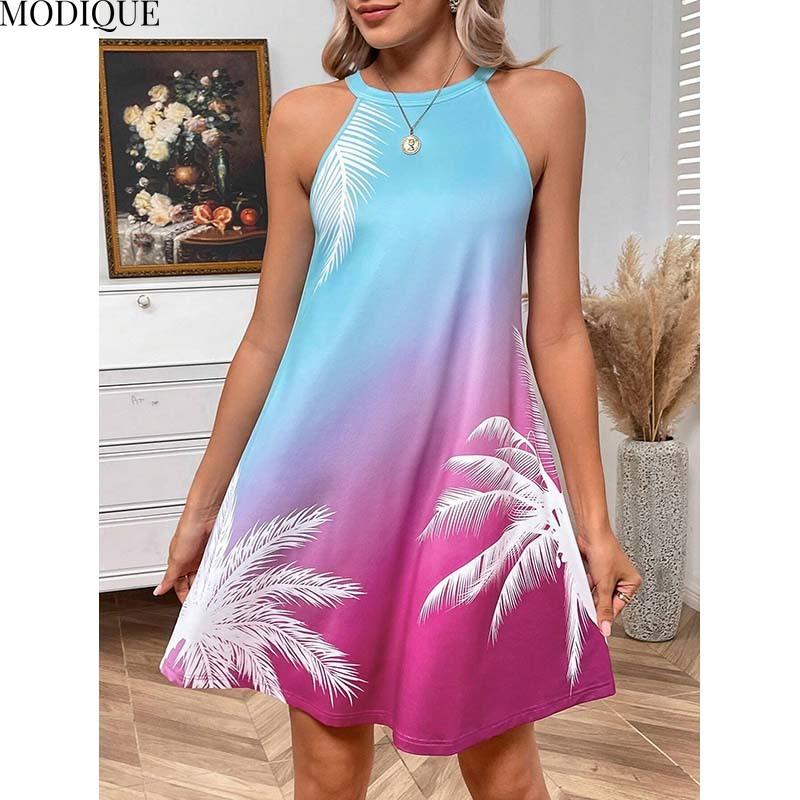 MODIQUE 2025 Summer New Women's Sexy Gradient Print Off The Shoulder Short Dress Ladies Casual H-Line Hot O-Neck Dress